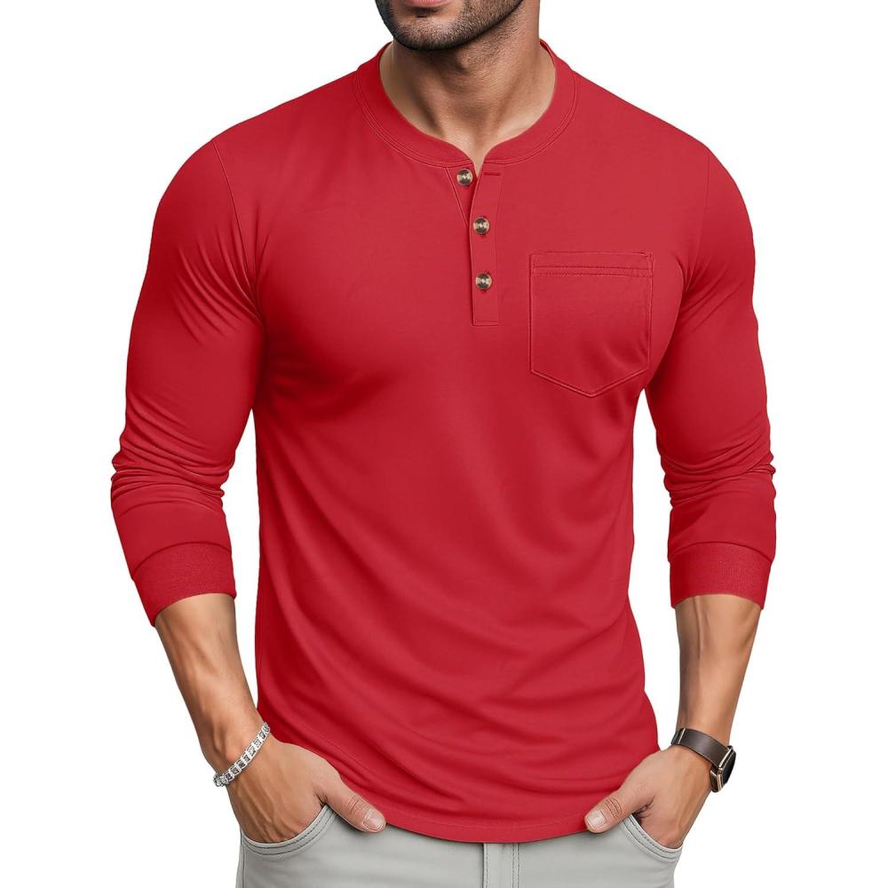 imageMAGCOMSEN Mens Henley Long Sleeve Shirt Cotton Lightweight Tee Shirts Casual Basic Tees with PocketTomato Red