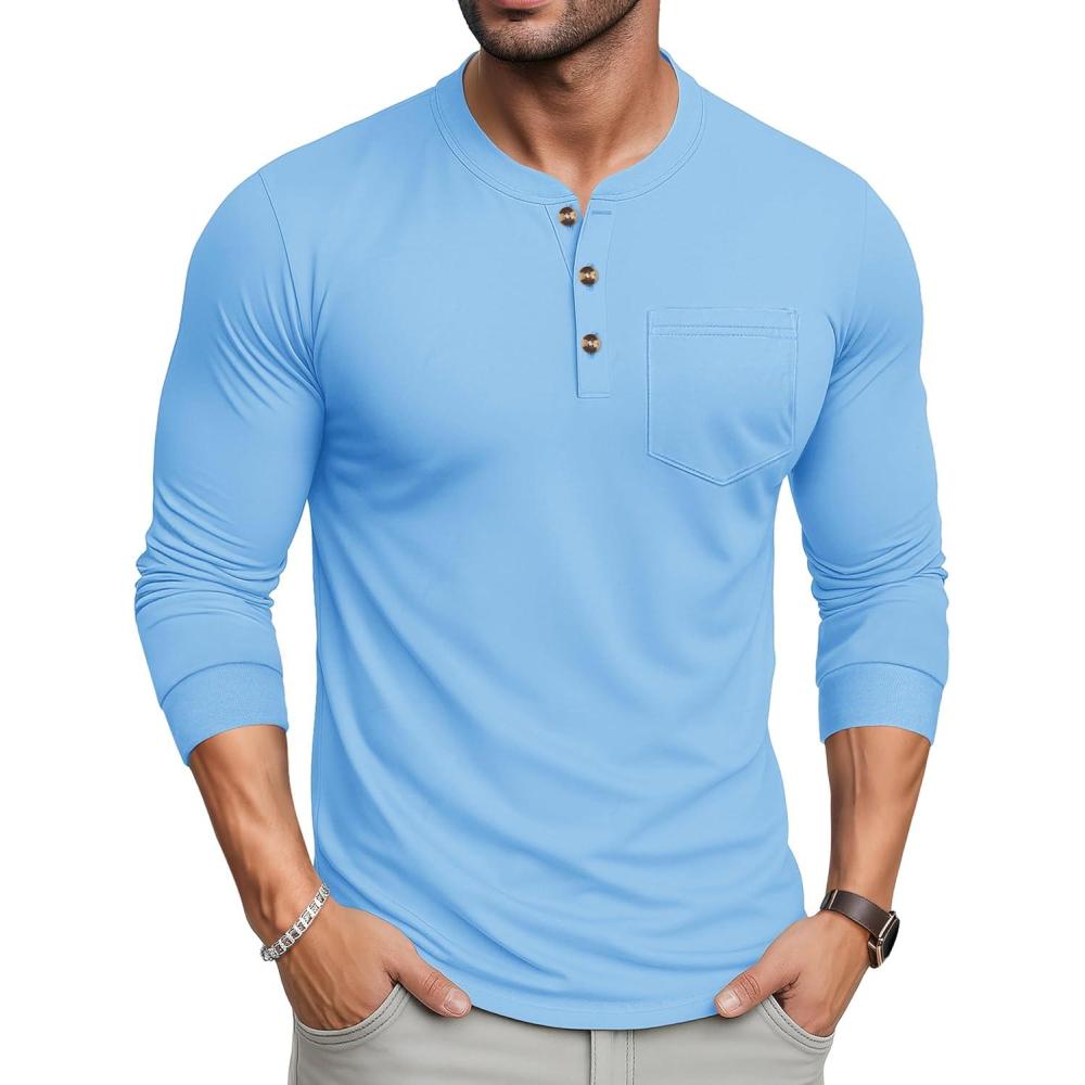 imageMAGCOMSEN Mens Henley Long Sleeve Shirt Cotton Lightweight Tee Shirts Casual Basic Tees with PocketWater Blue