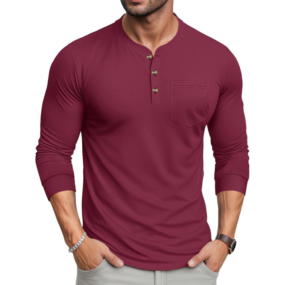 imageMAGCOMSEN Mens Henley Long Sleeve Shirt Cotton Lightweight Tee Shirts Casual Basic Tees with PocketWine Red