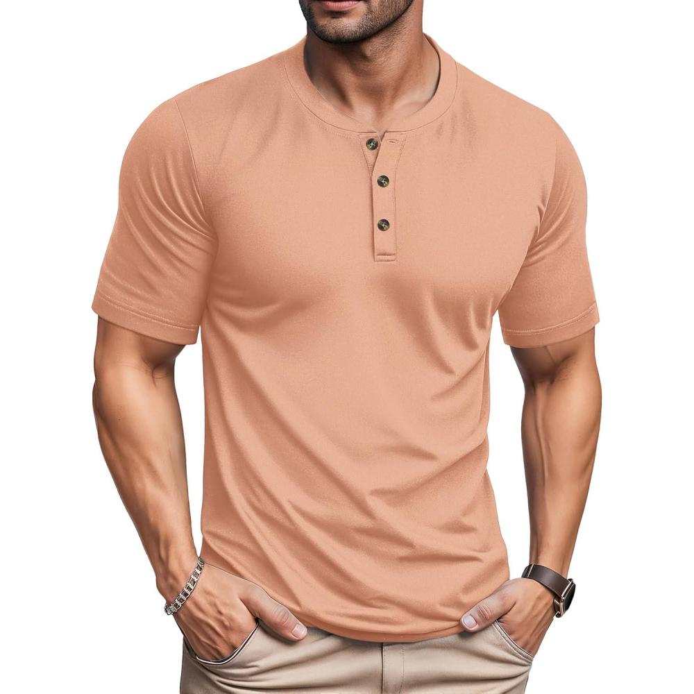 imageMAGCOMSEN Mens Henley Short Sleeve Shirt Cotton Lightweight 3 Button Tops Vintage Casual Summer TShirt Soft FashionApricot
