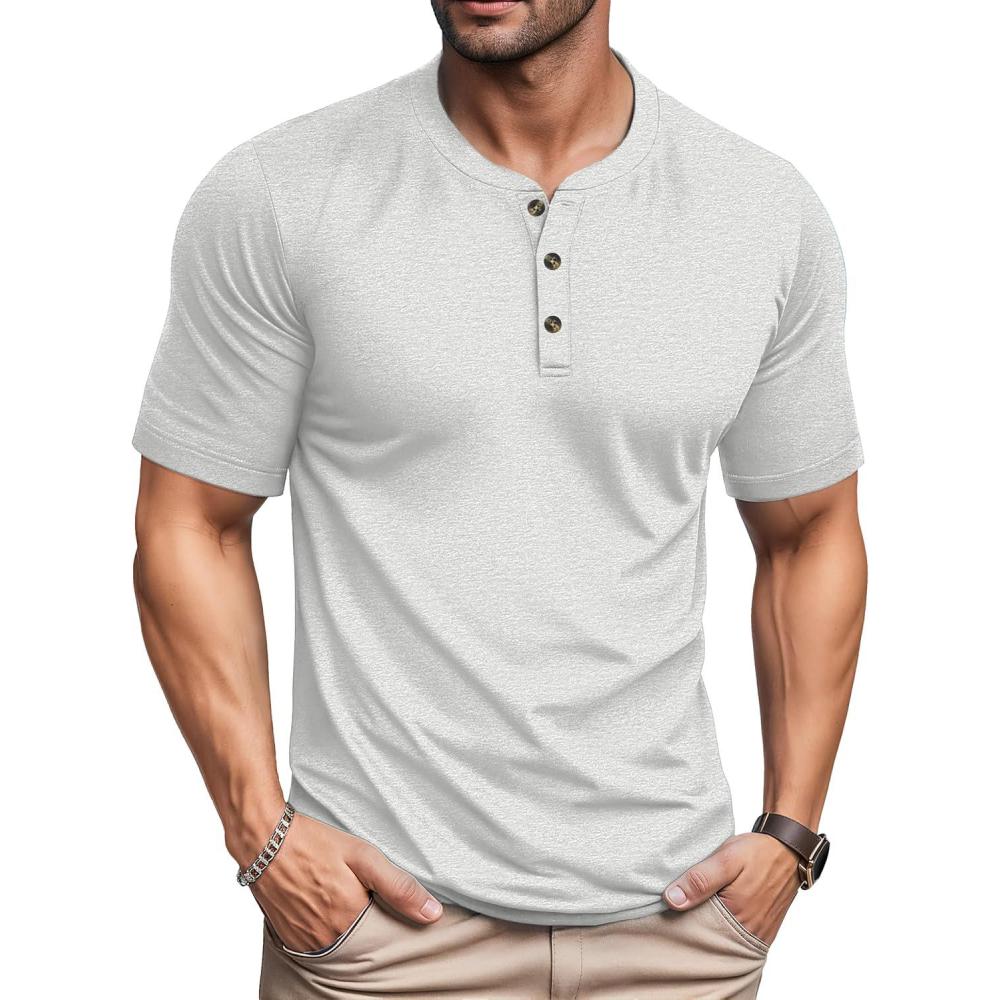 imageMAGCOMSEN Mens Henley Short Sleeve Shirt Cotton Lightweight 3 Button Tops Vintage Casual Summer TShirt Soft FashionBeige Heather