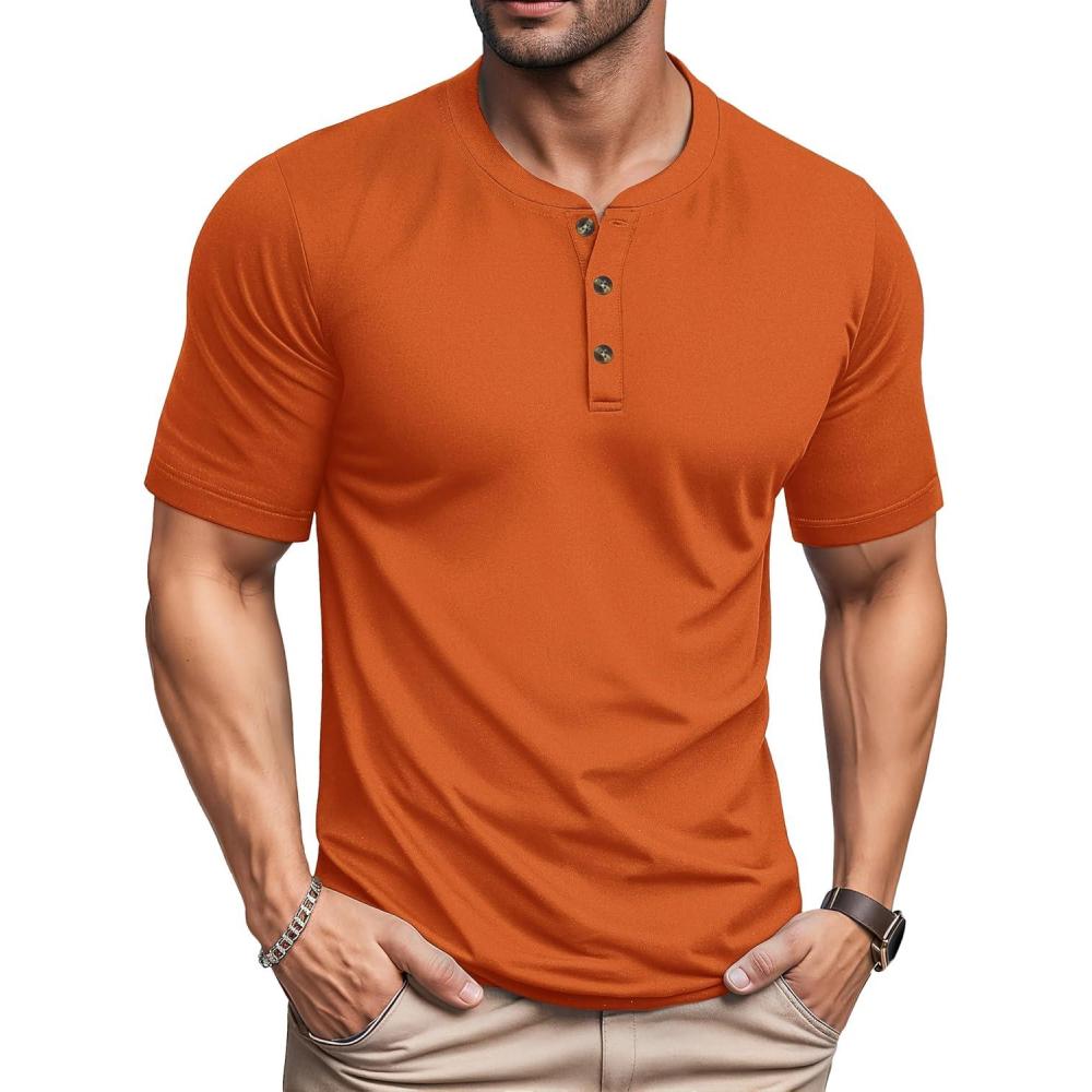 imageMAGCOMSEN Mens Henley Short Sleeve Shirt Cotton Lightweight 3 Button Tops Vintage Casual Summer TShirt Soft FashionDark Orange