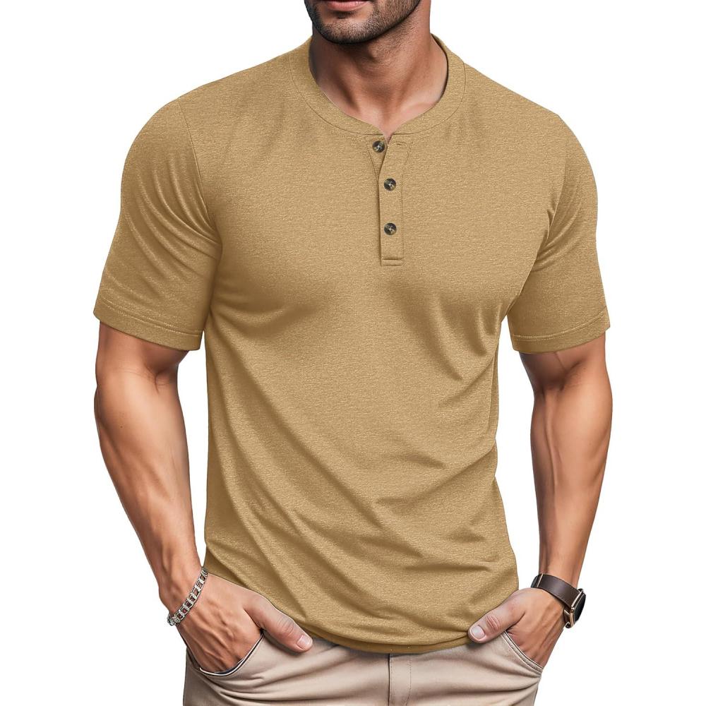 imageMAGCOMSEN Mens Henley Short Sleeve Shirt Cotton Lightweight 3 Button Tops Vintage Casual Summer TShirt Soft FashionEarthy Yellow Heather