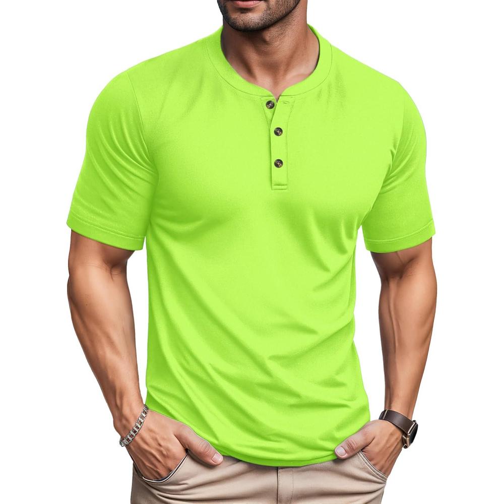 imageMAGCOMSEN Mens Henley Short Sleeve Shirt Cotton Lightweight 3 Button Tops Vintage Casual Summer TShirt Soft FashionFluorescent Green