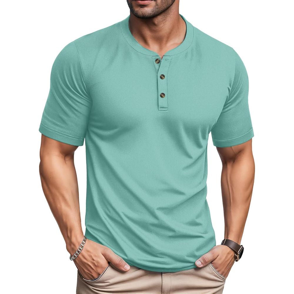 imageMAGCOMSEN Mens Henley Short Sleeve Shirt Cotton Lightweight 3 Button Tops Vintage Casual Summer TShirt Soft FashionGrey Green