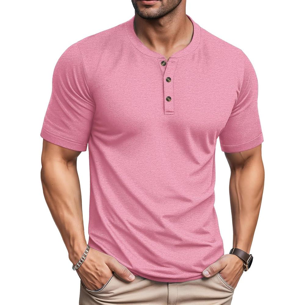imageMAGCOMSEN Mens Henley Short Sleeve Shirt Cotton Lightweight 3 Button Tops Vintage Casual Summer TShirt Soft FashionGrey Pinkcotton Blend