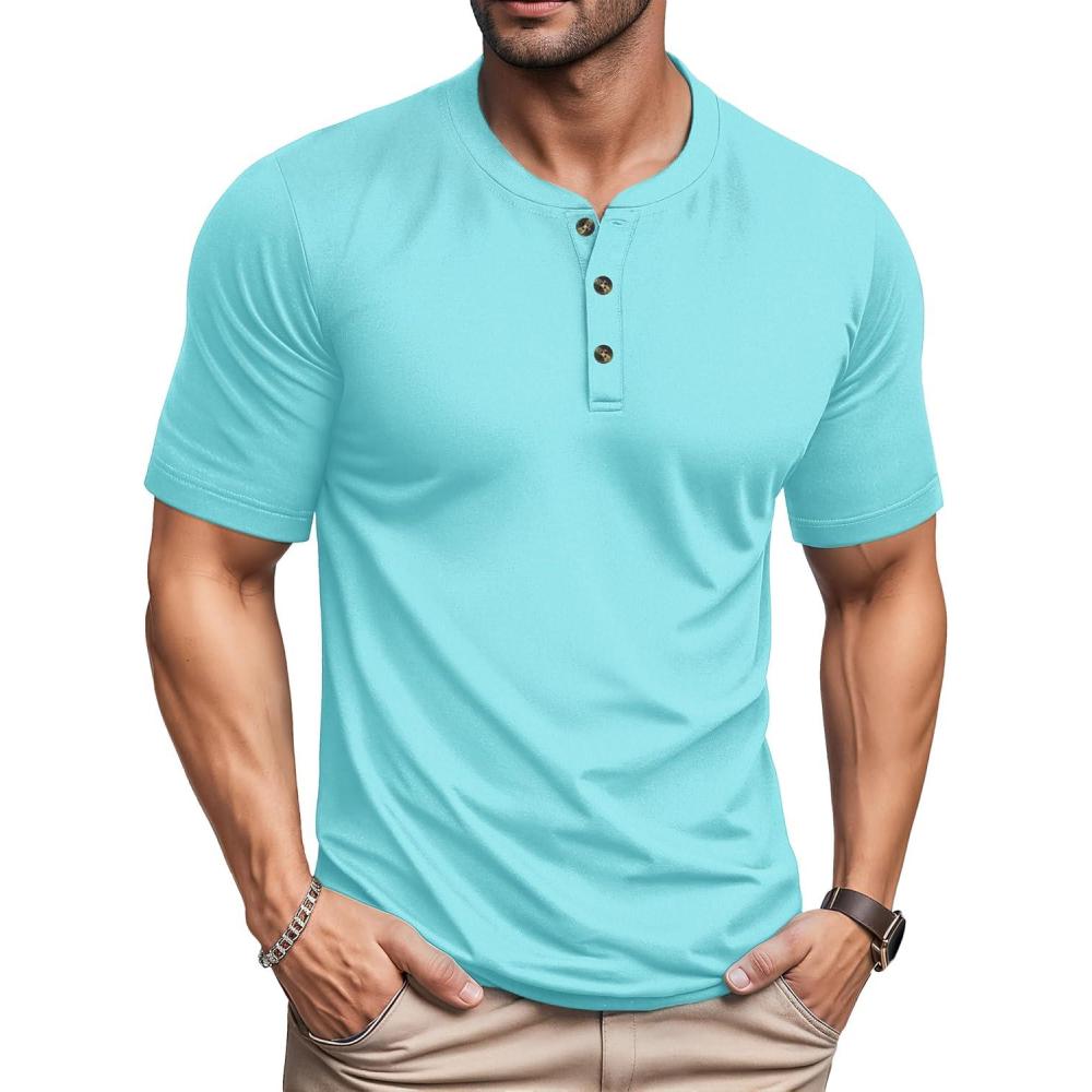 imageMAGCOMSEN Mens Henley Short Sleeve Shirt Cotton Lightweight 3 Button Tops Vintage Casual Summer TShirt Soft FashionLake Blue