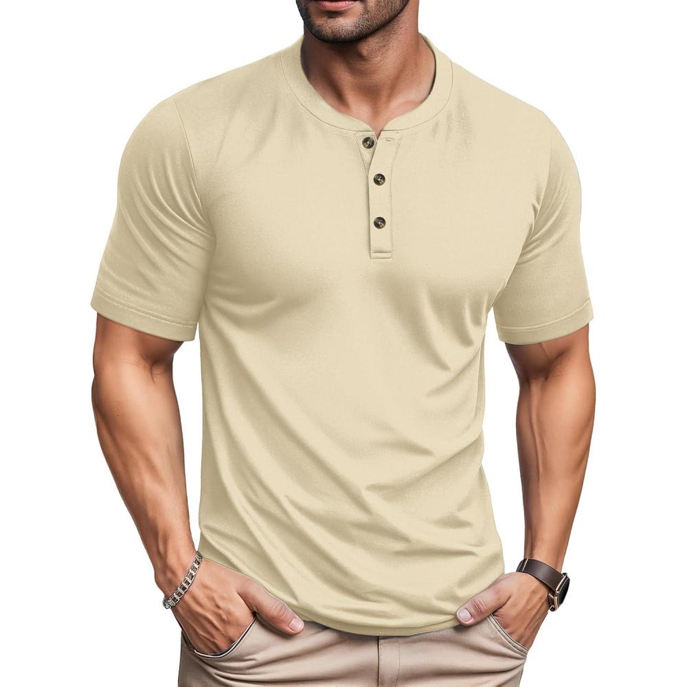 imageMAGCOMSEN Mens Henley Short Sleeve Shirt Cotton Lightweight 3 Button Tops Vintage Casual Summer TShirt Soft FashionLight Apricot