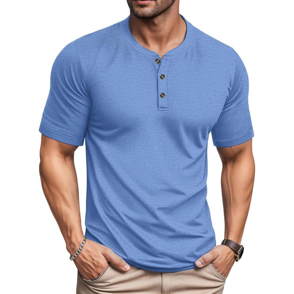 imageMAGCOMSEN Mens Henley Short Sleeve Shirt Cotton Lightweight 3 Button Tops Vintage Casual Summer TShirt Soft FashionLight Blue Heather