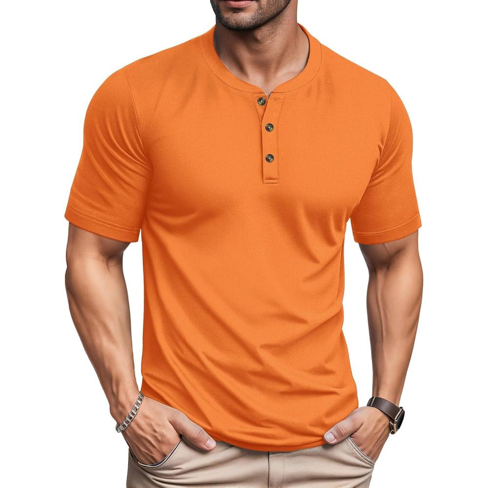 imageMAGCOMSEN Mens Henley Short Sleeve Shirt Cotton Lightweight 3 Button Tops Vintage Casual Summer TShirt Soft FashionOrange