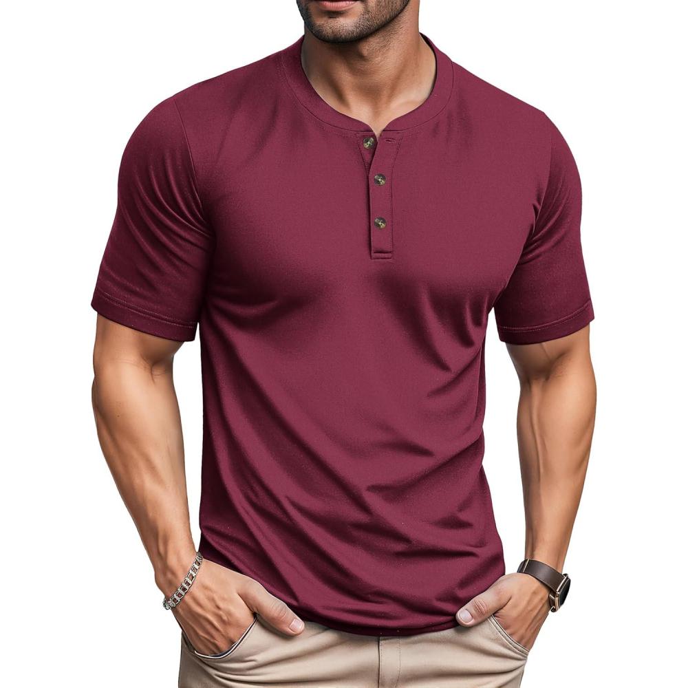 imageMAGCOMSEN Mens Henley Short Sleeve Shirt Cotton Lightweight 3 Button Tops Vintage Casual Summer TShirt Soft FashionWine Red
