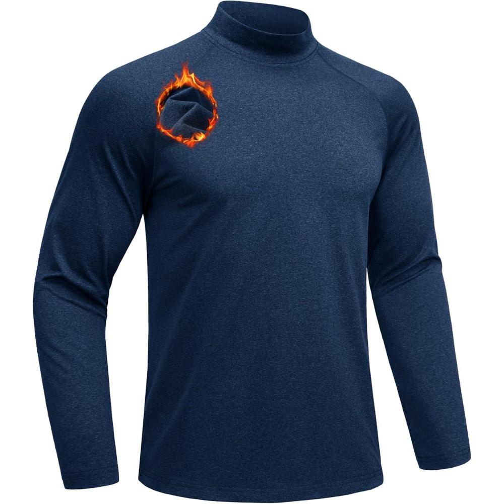 imageMAGCOMSEN Mens Thermal Shirts Long Sleeve Fleece Lined Base Layer Undershirts Athletic Warm Winter Workout TopNavy