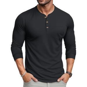 imageMAGCOMSEN Mens Henley Long Sleeve Shirt Cotton Lightweight Tee Shirts Casual Basic Tees with PocketBlack
