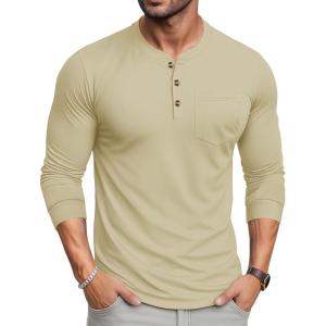 imageMAGCOMSEN Mens Henley Long Sleeve Shirt Cotton Lightweight Tee Shirts Casual Basic Tees with PocketKhaki