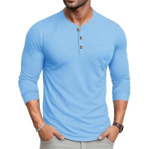 imageMAGCOMSEN Mens Henley Long Sleeve Shirt Cotton Lightweight Tee Shirts Casual Basic Tees with PocketWater Blue
