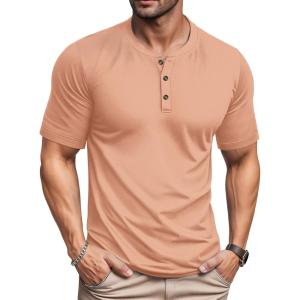 imageMAGCOMSEN Mens Henley Short Sleeve Shirt Cotton Lightweight 3 Button Tops Vintage Casual Summer TShirt Soft FashionApricot