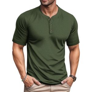 imageMAGCOMSEN Mens Henley Short Sleeve Shirt Cotton Lightweight 3 Button Tops Vintage Casual Summer TShirt Soft FashionArmy Green Heather