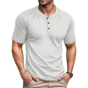 imageMAGCOMSEN Mens Henley Short Sleeve Shirt Cotton Lightweight 3 Button Tops Vintage Casual Summer TShirt Soft FashionBeige Heather