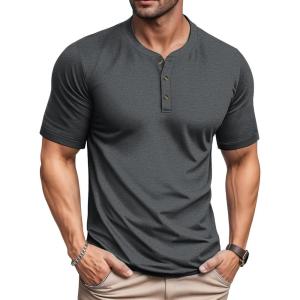 imageMAGCOMSEN Mens Henley Short Sleeve Shirt Cotton Lightweight 3 Button Tops Vintage Casual Summer TShirt Soft FashionDark Grey Heather