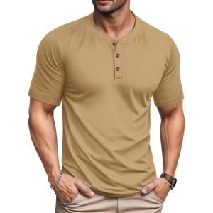 imageMAGCOMSEN Mens Henley Short Sleeve Shirt Cotton Lightweight 3 Button Tops Vintage Casual Summer TShirt Soft FashionEarthy Yellow Heather
