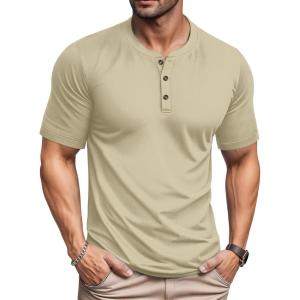 imageMAGCOMSEN Mens Henley Short Sleeve Shirt Cotton Lightweight 3 Button Tops Vintage Casual Summer TShirt Soft FashionKhaki