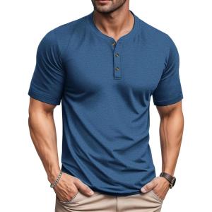 imageMAGCOMSEN Mens Henley Short Sleeve Shirt Cotton Lightweight 3 Button Tops Vintage Casual Summer TShirt Soft FashionMedium Blue Heather