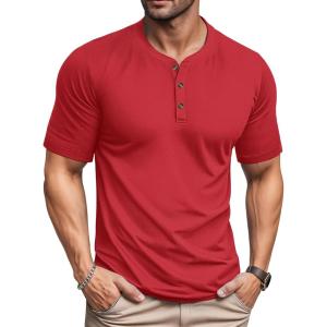 imageMAGCOMSEN Mens Henley Short Sleeve Shirt Cotton Lightweight 3 Button Tops Vintage Casual Summer TShirt Soft FashionTomato