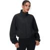 imageMAGCOMSEN Womens Cropped Fleece Jacket Full Zip Stand Collar Workout Short Sherpa Coat Winter SweatshirtBlack