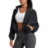 imageMAGCOMSEN Womens Cropped Fleece Jacket Full Zip Stand Collar Workout Short Sherpa Coat Winter SweatshirtBlack