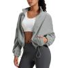 imageMAGCOMSEN Womens Cropped Fleece Jacket Full Zip Stand Collar Workout Short Sherpa Coat Winter SweatshirtLight Grey
