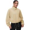 imageMAGCOMSEN Womens Cropped Fleece Jacket Full Zip Stand Collar Workout Short Sherpa Coat Winter SweatshirtLight Khaki