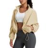 imageMAGCOMSEN Womens Cropped Fleece Jacket Full Zip Stand Collar Workout Short Sherpa Coat Winter SweatshirtLight Khaki