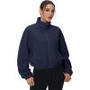 imageMAGCOMSEN Womens Cropped Fleece Jacket Full Zip Stand Collar Workout Short Sherpa Coat Winter SweatshirtNavy