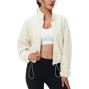 imageMAGCOMSEN Womens Cropped Fleece Jacket Full Zip Stand Collar Workout Short Sherpa Coat Winter SweatshirtBeige