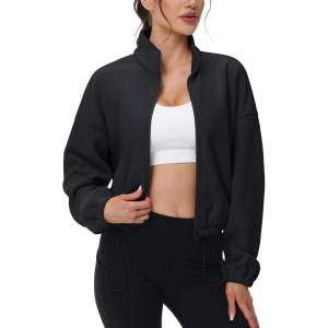 imageMAGCOMSEN Womens Cropped Fleece Jacket Full Zip Stand Collar Workout Short Sherpa Coat Winter SweatshirtBlack