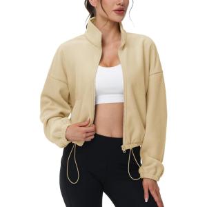 imageMAGCOMSEN Womens Cropped Fleece Jacket Full Zip Stand Collar Workout Short Sherpa Coat Winter SweatshirtLight Khaki