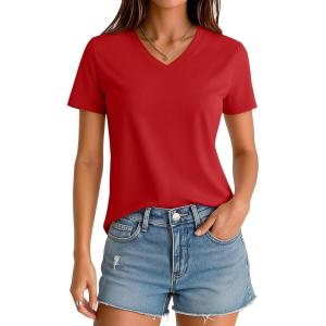 imageMAGCOMSEN Womens Short Sleeve V Neck Shirts Basic Summer Tops Dressy Casual Classic Fit Tees UPF 50 Top Tomato Red M