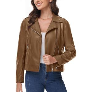 imageMAGCOMSEN Womens Leather Casual Jacket Lightweight Faux Leather Fall Spring Biker Vintage JacketsBrown