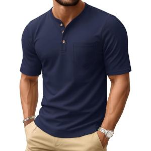 imageMAGCOMSEN Mens Henley Short Sleeve Shirt Cotton Lightweight Tee Shirts Casual Summer Basic Tees with PocketNavy Blue