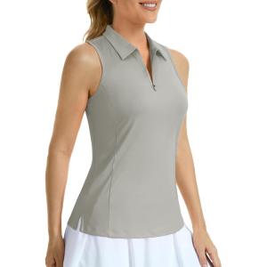 imageMAGCOMSEN Womens Golf Polo Shirts Sleeveless Racerback Zip Up UPF 50 Quick Dry Tennis Workout Athletic Tank TopsBrightgray