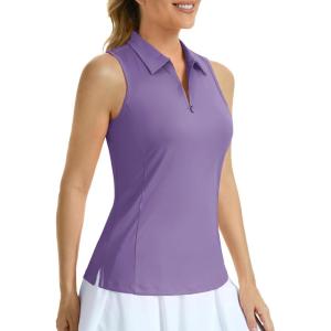 imageMAGCOMSEN Womens Golf Polo Shirts Sleeveless Racerback Zip Up UPF 50 Quick Dry Tennis Workout Athletic Tank TopsLight Purple
