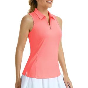 imageMAGCOMSEN Womens Golf Polo Shirts Sleeveless Racerback Zip Up UPF 50 Quick Dry Tennis Workout Athletic Tank TopsPink