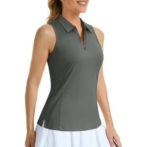 imageMAGCOMSEN Womens Golf Polo Shirts Sleeveless Racerback Zip Up UPF 50 Quick Dry Tennis Workout Athletic Tank TopsSeagrey