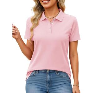 imageMAGCOMSEN Womens Polo Shirts Cotton Short Sleeve Shirt 3 Buttons Collared Shirts Summer Casual Wicking Golf TopsLightpink