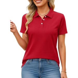 imageMAGCOMSEN Womens Polo Shirts Cotton Short Sleeve Shirt 3 Buttons Collared Shirts Summer Casual Wicking Golf TopsRed