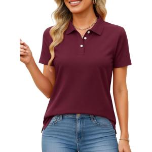 imageMAGCOMSEN Womens Polo Shirts Cotton Short Sleeve Shirt 3 Buttons Collared Shirts Summer Casual Wicking Golf TopsWine Red