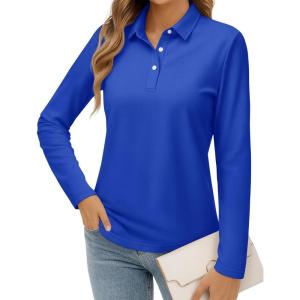 imageMAGCOMSEN Womens Polo Shirts Long Sleeve Cotton Collared T Shirt Golf Shirt Business Casual Tee Uniform Tops 3ButtonBright Blue