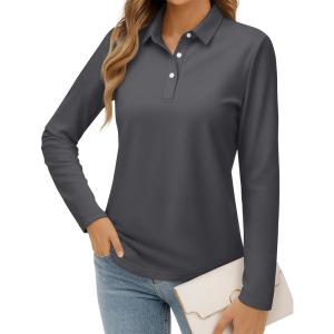 imageMAGCOMSEN Womens Polo Shirts Long Sleeve Cotton Collared T Shirt Golf Shirt Business Casual Tee Uniform Tops 3ButtonDark Gray
