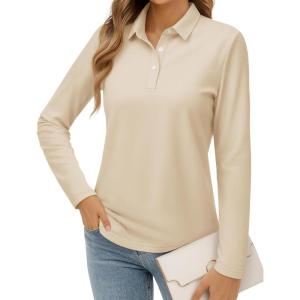 imageMAGCOMSEN Womens Polo Shirts Long Sleeve Cotton Collared T Shirt Golf Shirt Business Casual Tee Uniform Tops 3ButtonKhaki