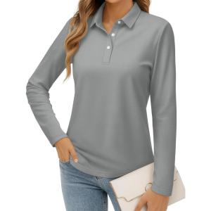 imageMAGCOMSEN Womens Polo Shirts Long Sleeve Cotton Collared T Shirt Golf Shirt Business Casual Tee Uniform Tops 3ButtonLight Gray